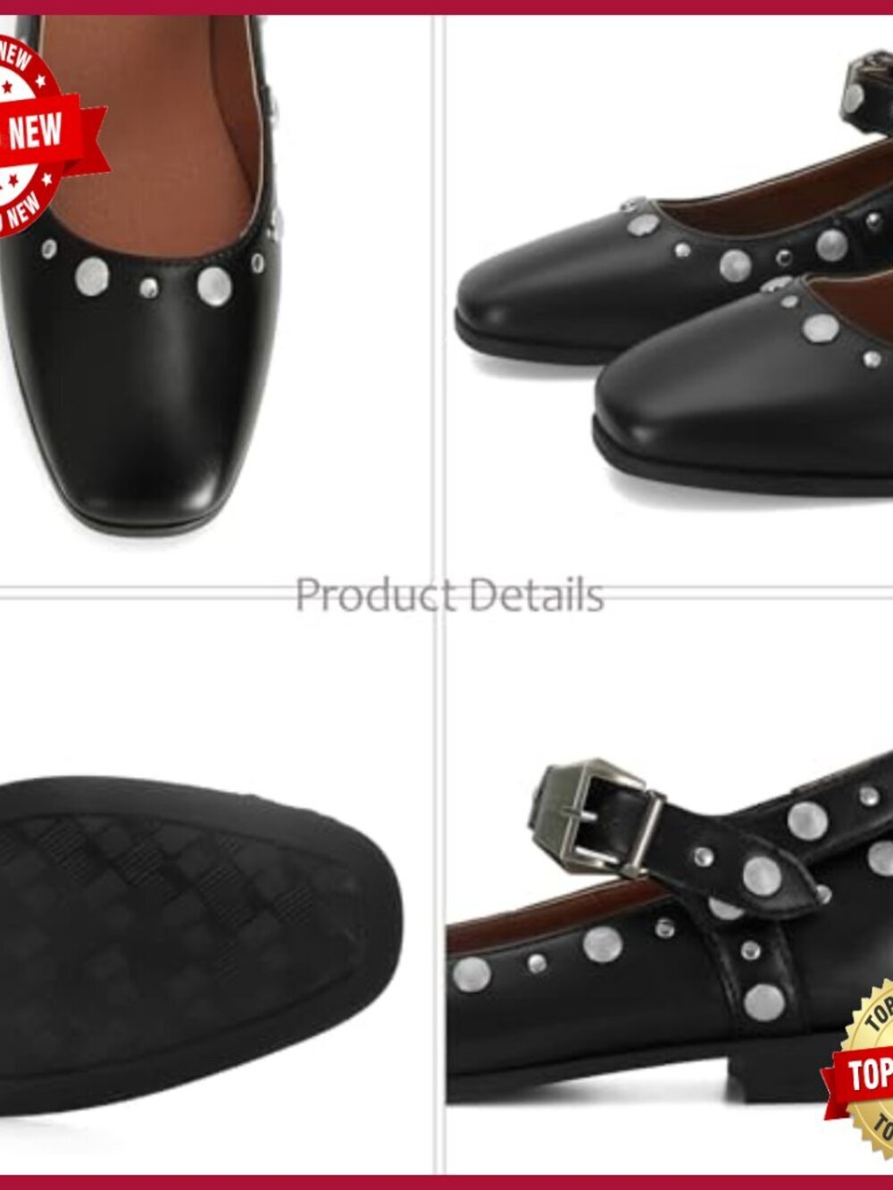 Studded Mary Jane Ballet Flats with Buckle Strap, Square Toe, Faux Leather - Picture 4 of 7